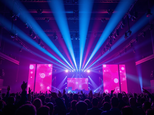 舞台表演场景,聚光灯下歌手正在演唱,观众席灯光璀璨,音乐厅环境