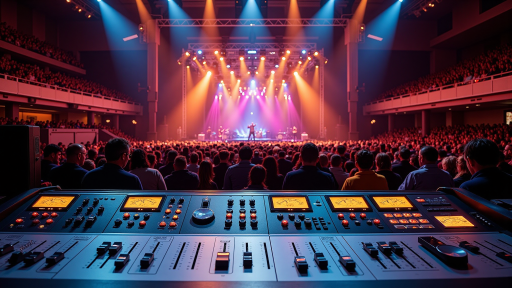 大型演唱会现场,舞台上两位歌手正在合唱,灯光效果华丽,观众席座无虚席